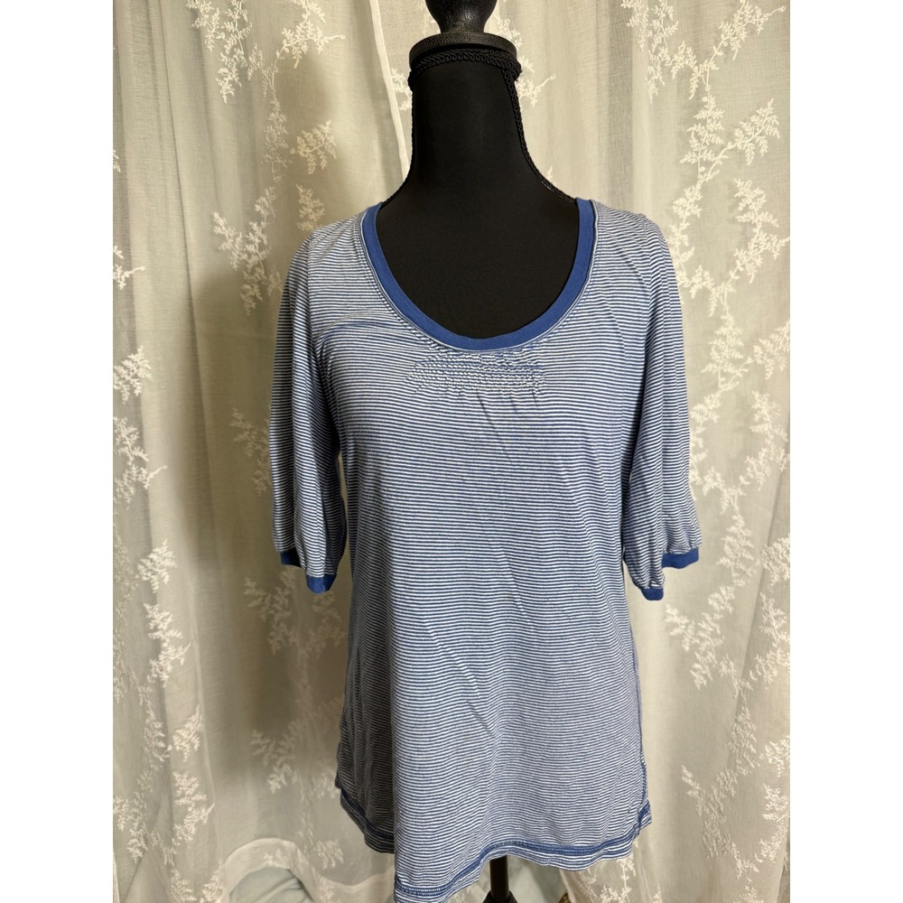 AEO Y2K Blue White Striped Smocked Scoop Neck Top L Preppy Nautical Early 2000s